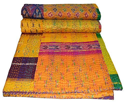 Yuvancrafts - Colcha de seda, hecha a mano, diseño de patchwork, kantha, de seda, multicolor, kantha, tamaño queen