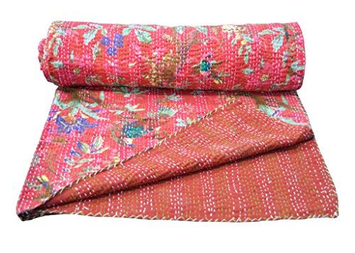Yuvancrafts Colcha Kantha de algodón indio con estampado de pájaros y flores