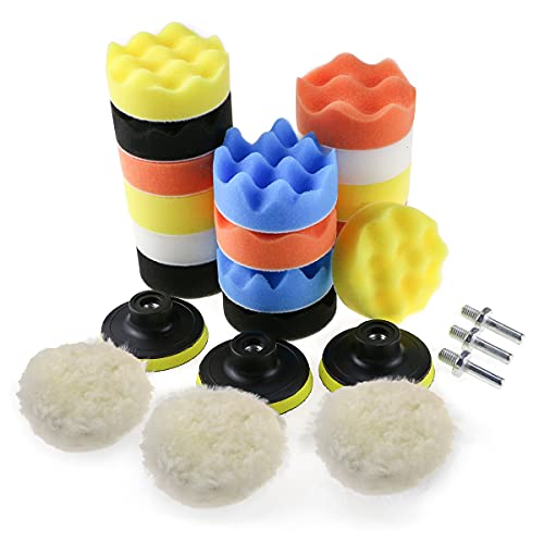 Zaeel Esponja pulido para coche, Kit de esponja pulir coche con adaptador de taladro y almohadillas de cera de lana, juego de almohadillas de pulido de 25 piezas para coche, pulidor y depilación