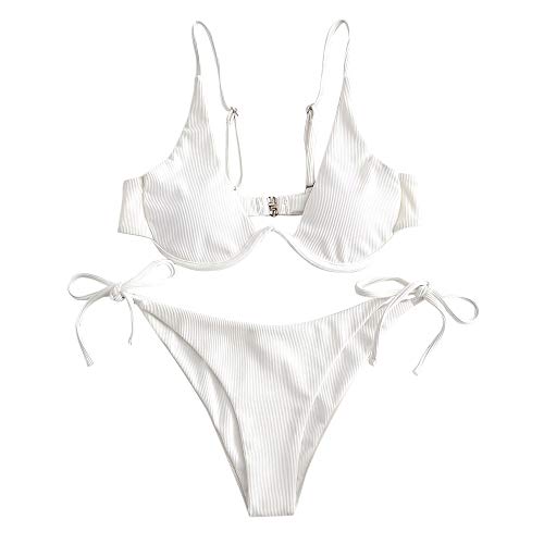 ZAFUL - Bikini de Dos Piezas para Mujer, diseño de Leopardo Criss Cross Push Up de Corte Alto y Acolchado (Blanco-3, S)