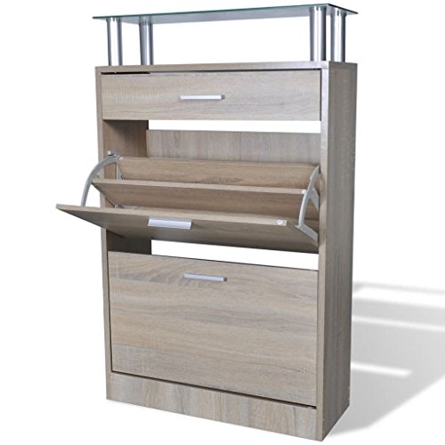 Zapatero de Madera Color Roble con un cajón y un Estante de Vidrio Superior