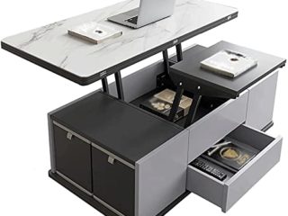 ZBQLKM Mesa de centro plegable, mesa de centro de elevación creativa móvil multifuncional, muebles de la sala de estar en el hogar con 4 PU Taburetes y diseño de almacenamiento lateral doble, for sala