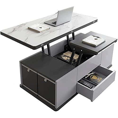 ZBQLKM Mesa de centro plegable, mesa de centro de elevación creativa móvil multifuncional, muebles de la sala de estar en el hogar con 4 PU Taburetes y diseño de almacenamiento lateral doble, for sala