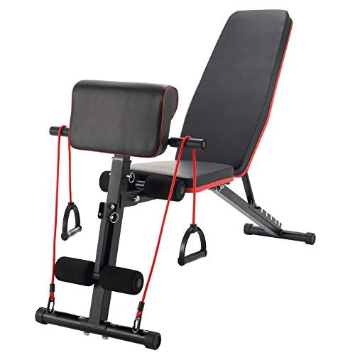 ZELUS Banco de Musculación Plegable con Bandas de Resistencia Banco de Pesas para Entrenamiento en Casa Banco de Pesa Ajustable para Fitness de Cuerpo Completo (6 en 1)