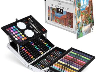Zezirdas 146 Piezas Set de Pintura, Maleta de Metal Elegante - Lápices de colores, acuarelas, pasteles al óleo, pinceles de cerdas, lápices HB, bloc de dibujo etc - Perfecto para niños, principiantes