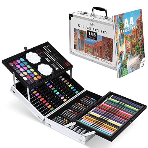 Zezirdas 146 Piezas Set de Pintura, Maleta de Metal Elegante - Lápices de colores, acuarelas, pasteles al óleo, pinceles de cerdas, lápices HB, bloc de dibujo etc - Perfecto para niños, principiantes