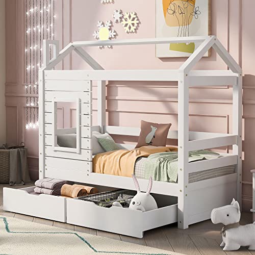 zhvbcrHH Cama Infantil De Madera Maciza con Ventana Anticaída Y Somier De Listones, Cama Familiar Cama Infantil Cama Juvenil 160x80 con Protección Anticaída, Cama Infantil Multifuncional De Madera