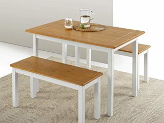 ZINUS Becky - Mesa de comedor de madera de 114 cm con dos bancos, Conjunto de tres piezas de madera maciza estilo casa de campo, Montaje sencillo