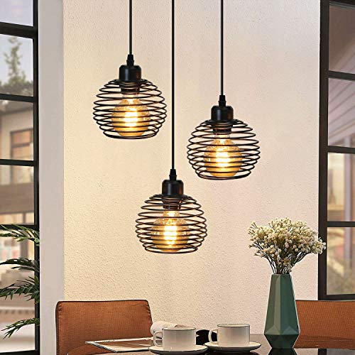 ZMH Lamparas de Techo Retro Lámpara Colgante Vintage - Negra E27 Iluminación Colgante con 3 Metal Jaulas Industrial Diseño - 120CM Cable Orientable Lámpara de Mesa de Comedor (No Incluye Bombilla)