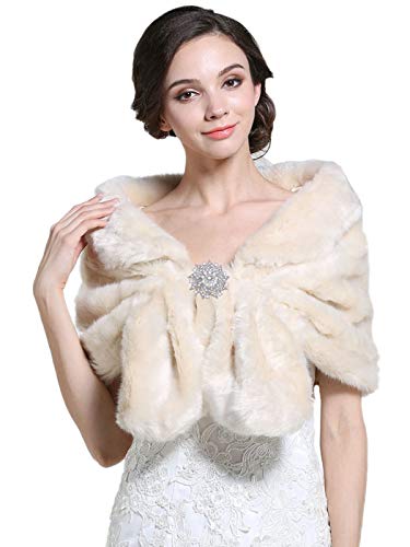 Zoestar Chal de piel sintética para mujer de los años 20, estolas y envolturas de piel para boda, beige, talla única